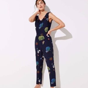 LOFT Womens Blue Floral and Bird Print Sleeveless Jumpsuit Size 00P Lightweight